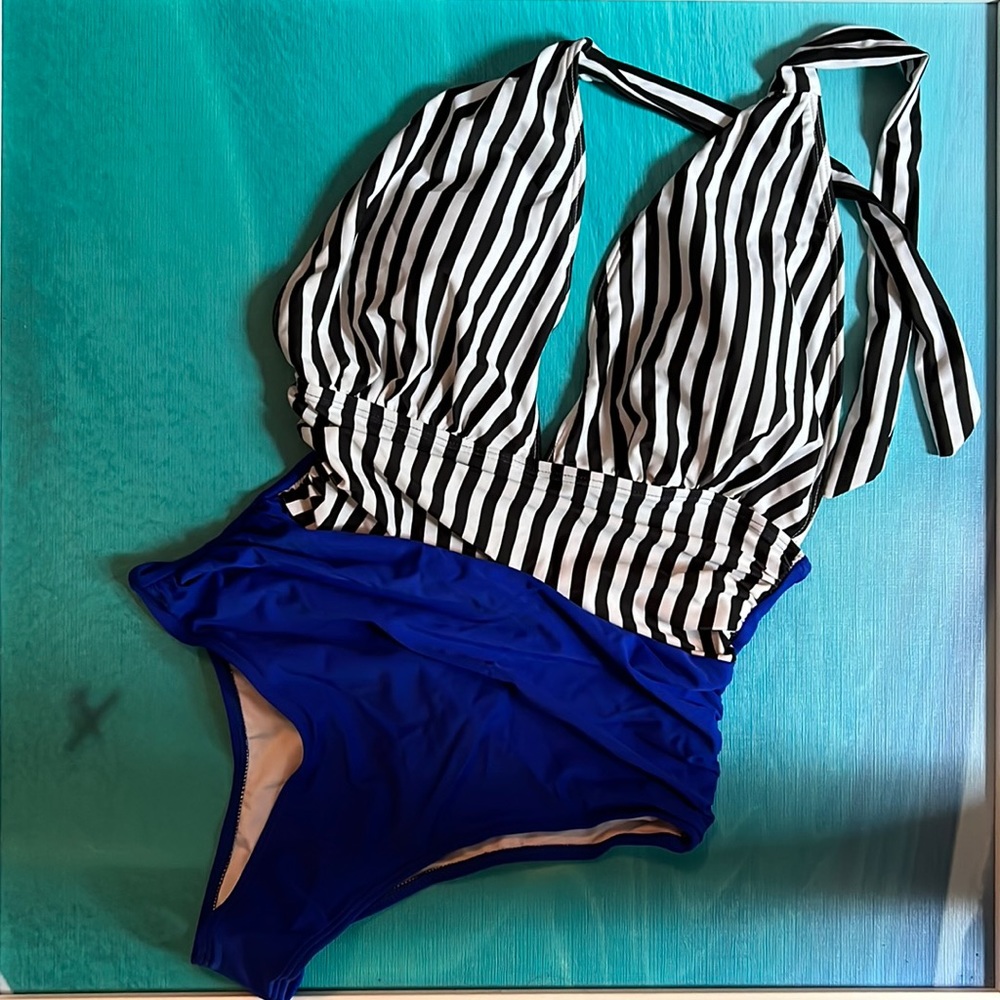 NWOT royal blue bottom and black and white striped top one piece swim size S